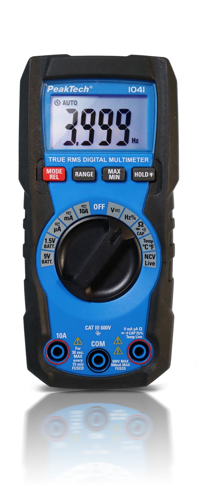 PeakTech P 1041 TrueRMS Digital Multimeter offers 4000 counts, auto-ranging, and measures up to 600V and 10A AC/DC, featuring a compact design with backlit LCD.