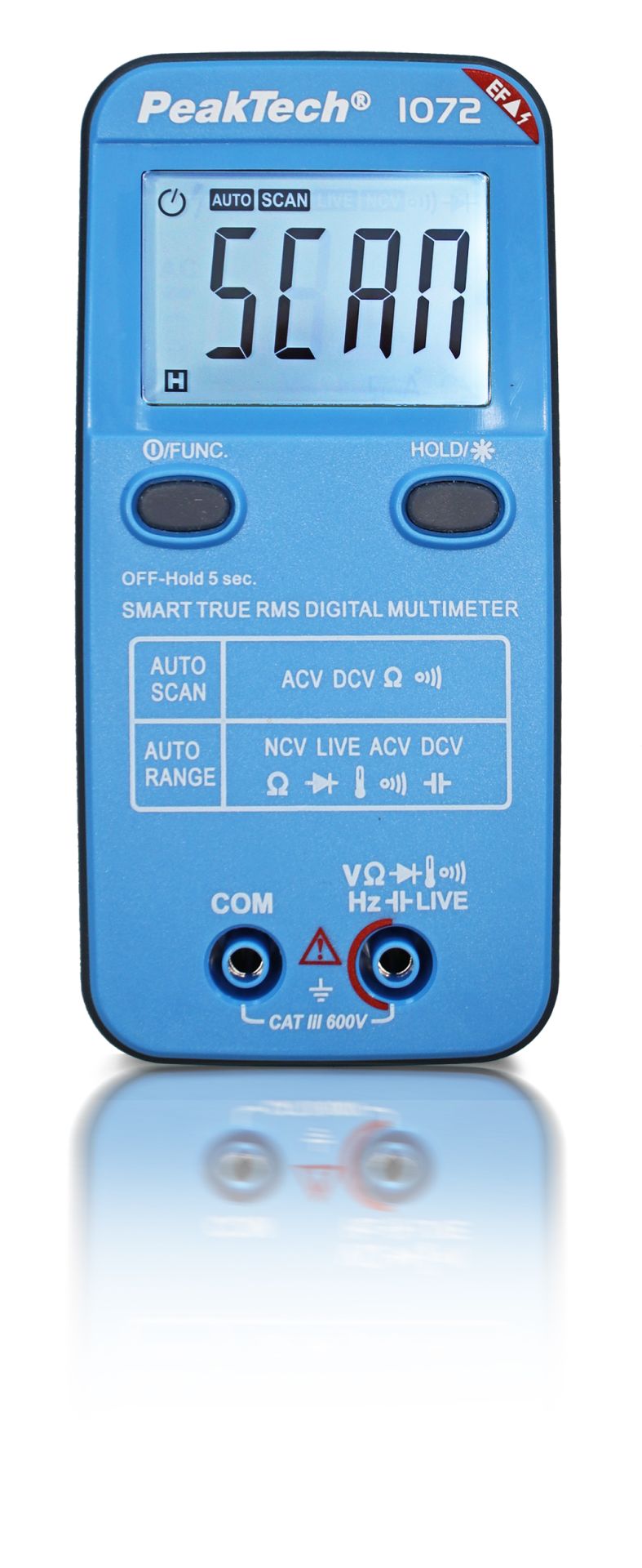 PeakTech P 1072 Smart Multimeter measures up to 600V AC/DC with True RMS accuracy, featuring NCV, Live-Test, auto function selection, and backlit LCD.