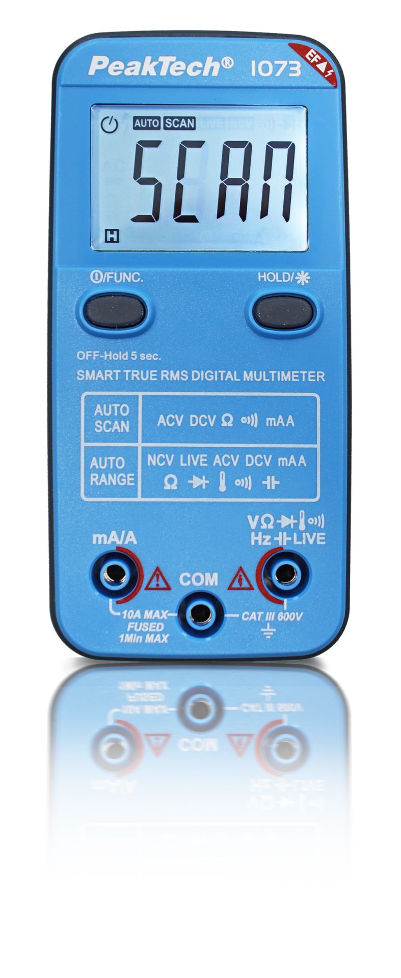 PeakTech P 1073 Smart Multimeter measures up to 600V AC/DC and 10A, featuring True RMS, NCV, Live-Test, auto function selection, and a backlit LCD.