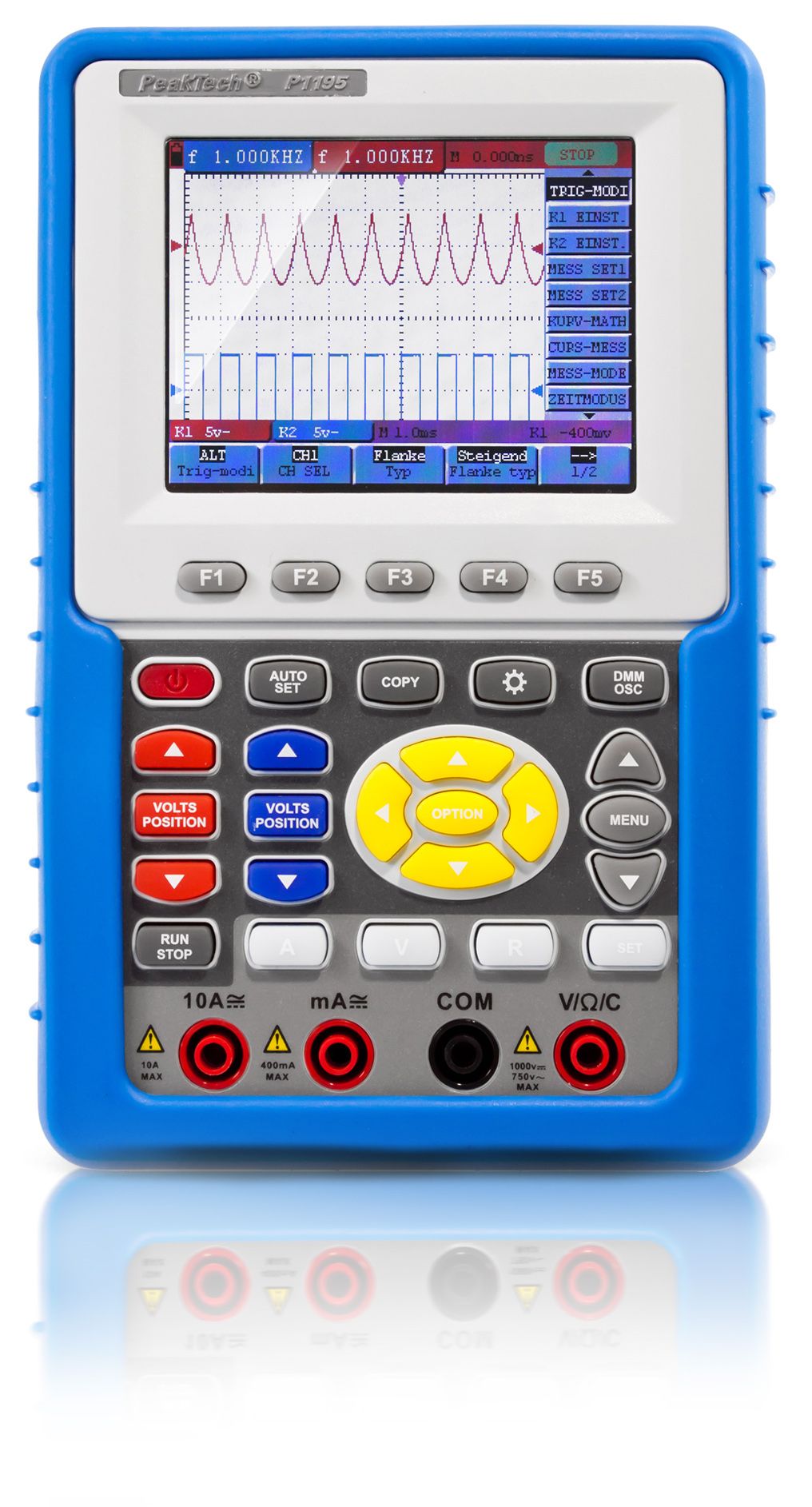 PeakTech P 1195 is a 100 MHz, 2-channel handheld oscilloscope with 1 GS/s sampling rate, featuring a 3.8" TFT color display and integrated multimeter.