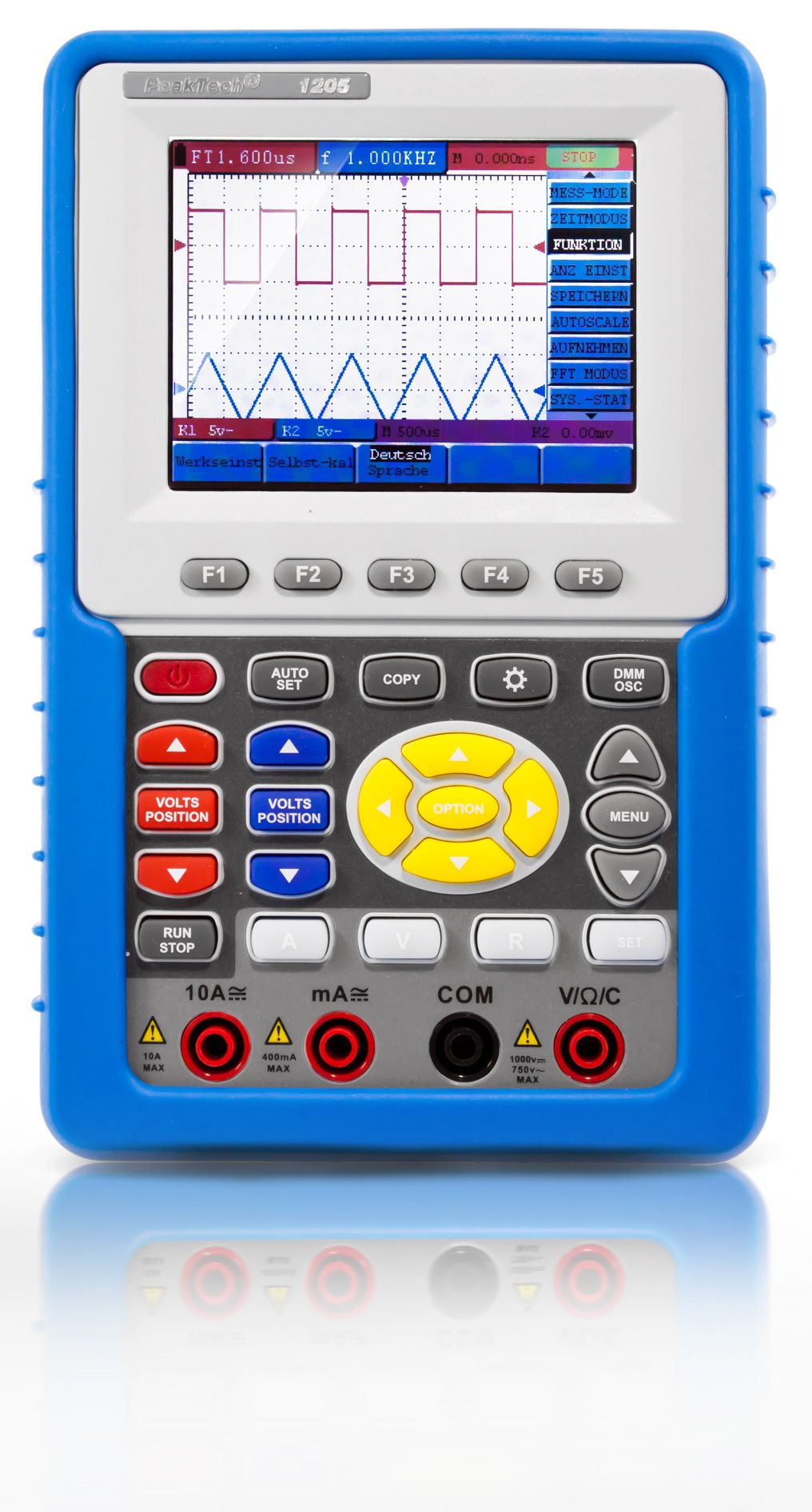 PeakTech P 1205 is a 20 MHz, 2-channel handheld oscilloscope with a 100 MS/s sampling rate, featuring a 3.8" TFT color display and integrated True RMS multimeter.