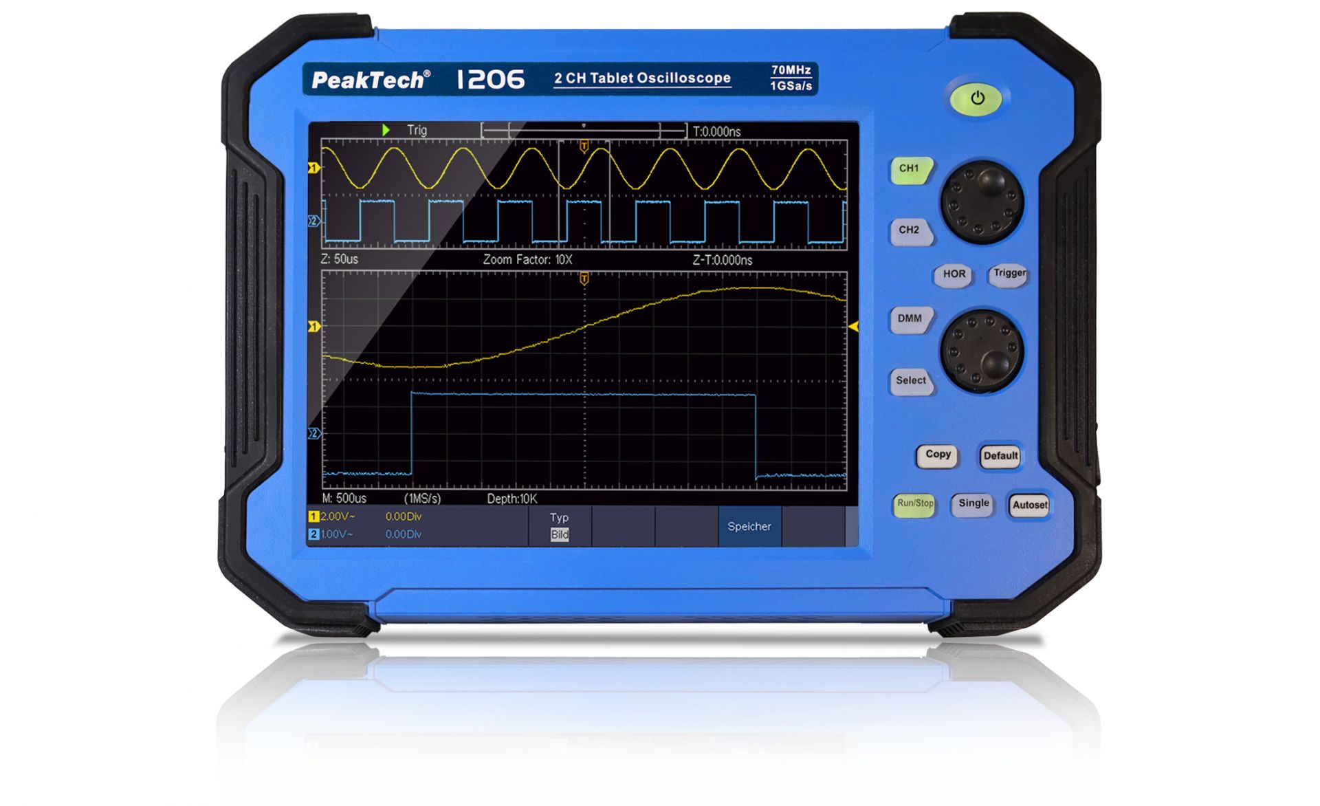 PeakTech P 1206 is a 70 MHz, 2-channel tablet oscilloscope with 1 GS/s sampling rate, featuring an 8" TFT touchscreen and built-in multimeter.