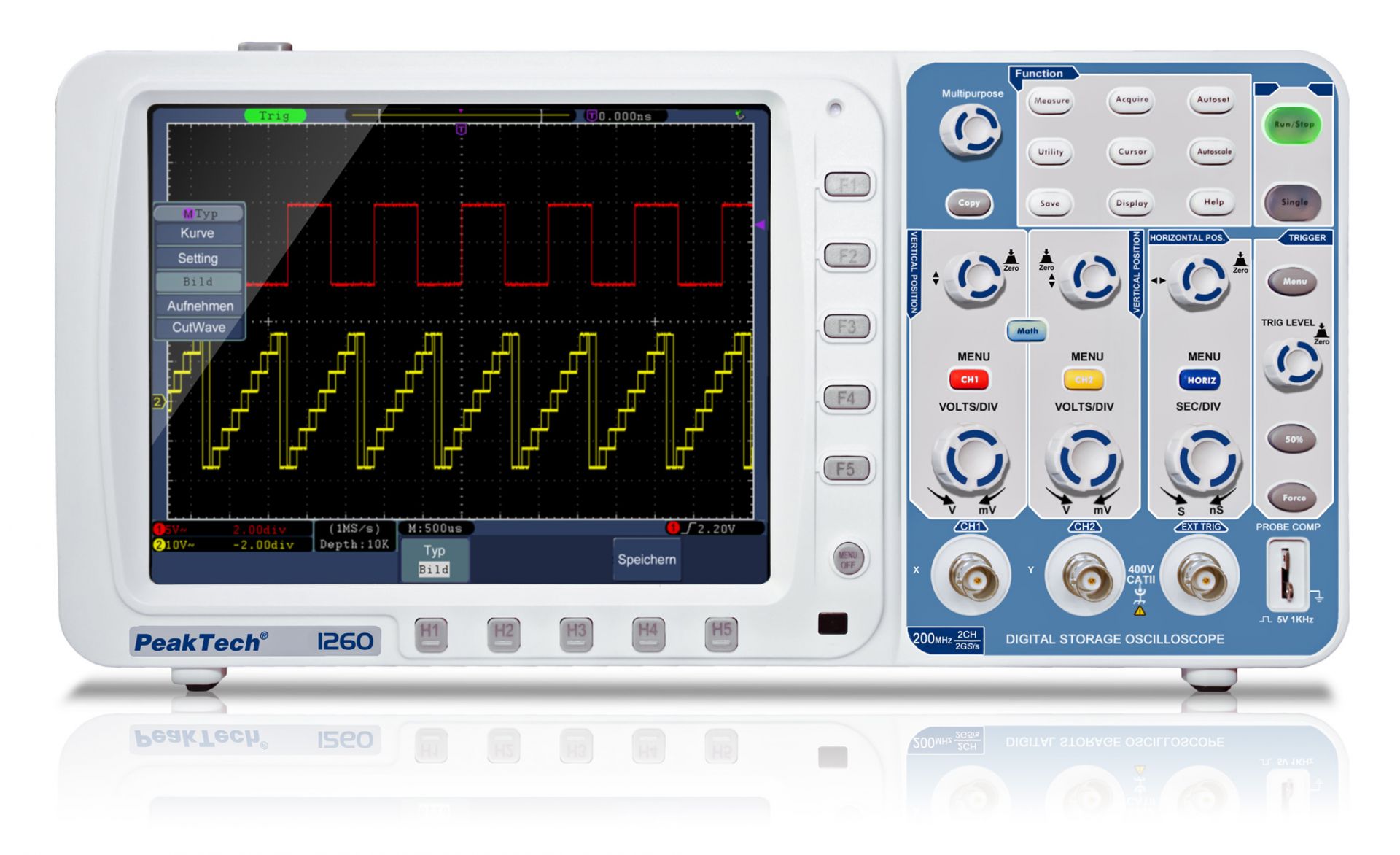 PeakTech P 1260 is a 200 MHz, 2-channel digital storage oscilloscope with a 2 GS/s sampling rate, featuring an 8" TFT color display and multiple interfaces.