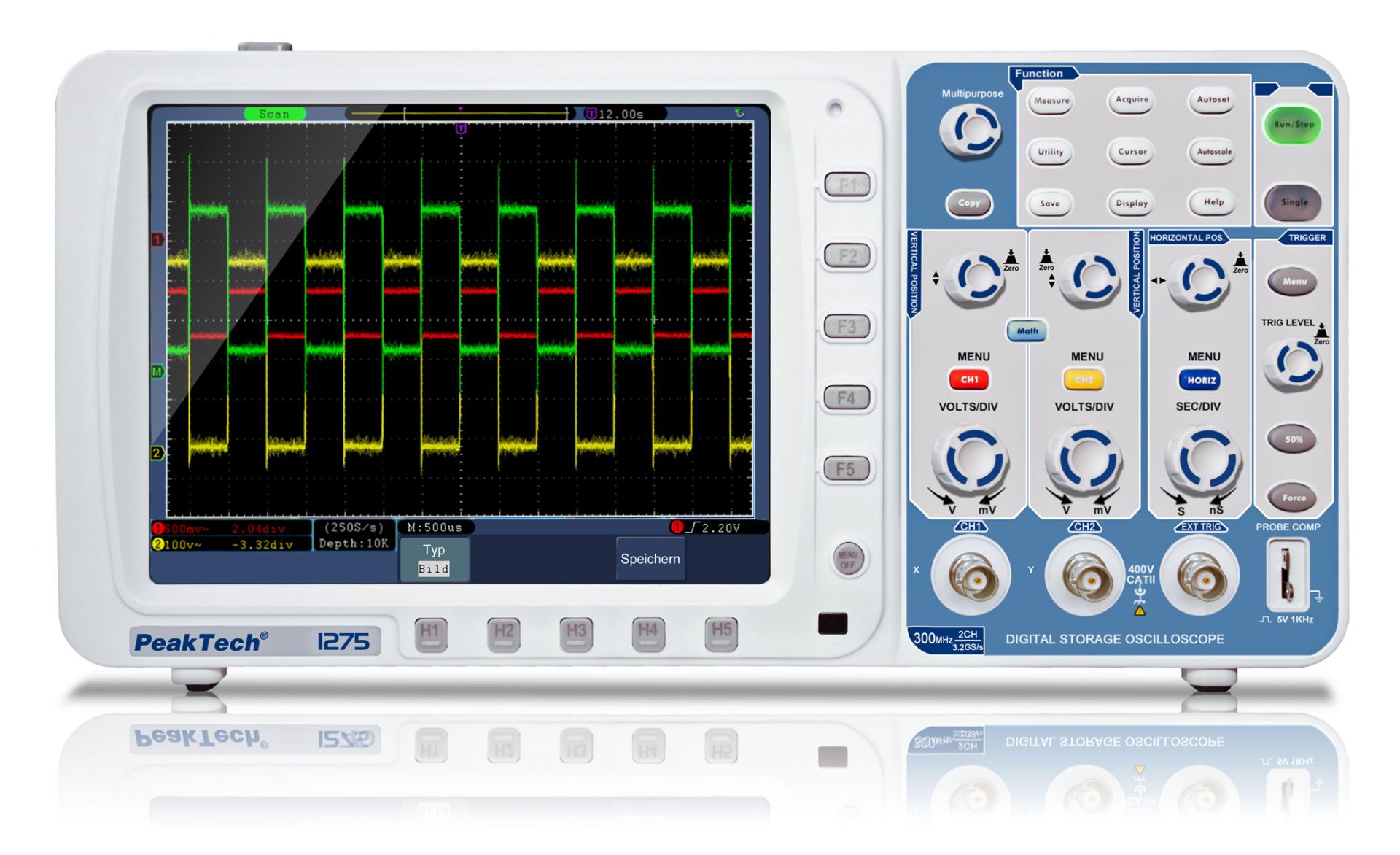 PeakTech P 1275 is a 300 MHz, 2-channel digital storage oscilloscope with a 3.2 GS/s sampling rate, featuring an 8" TFT color display and multiple interfaces.