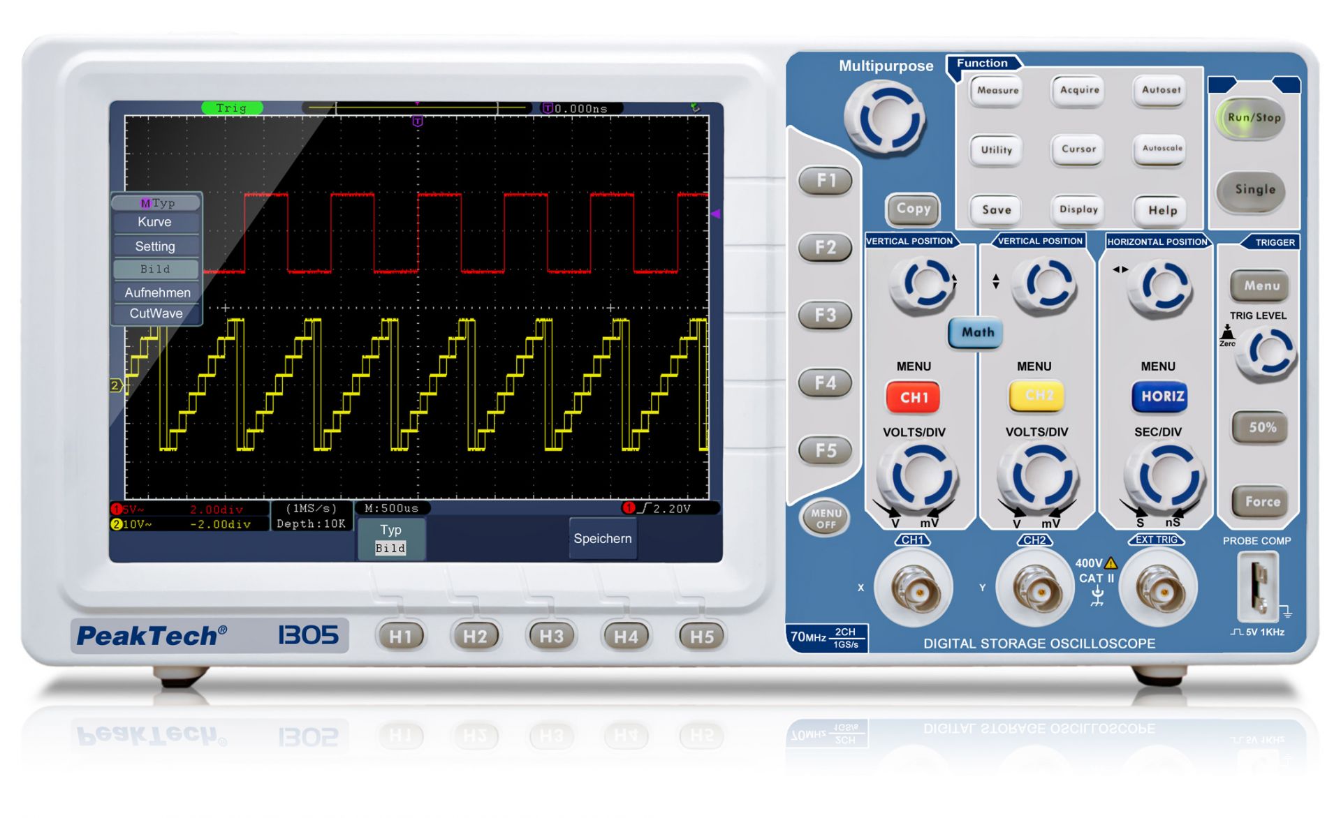 PeakTech P 1305 is a 70 MHz, 2-channel digital storage oscilloscope with 1 GS/s sampling rate, featuring an 8" TFT color display and multiple interfaces