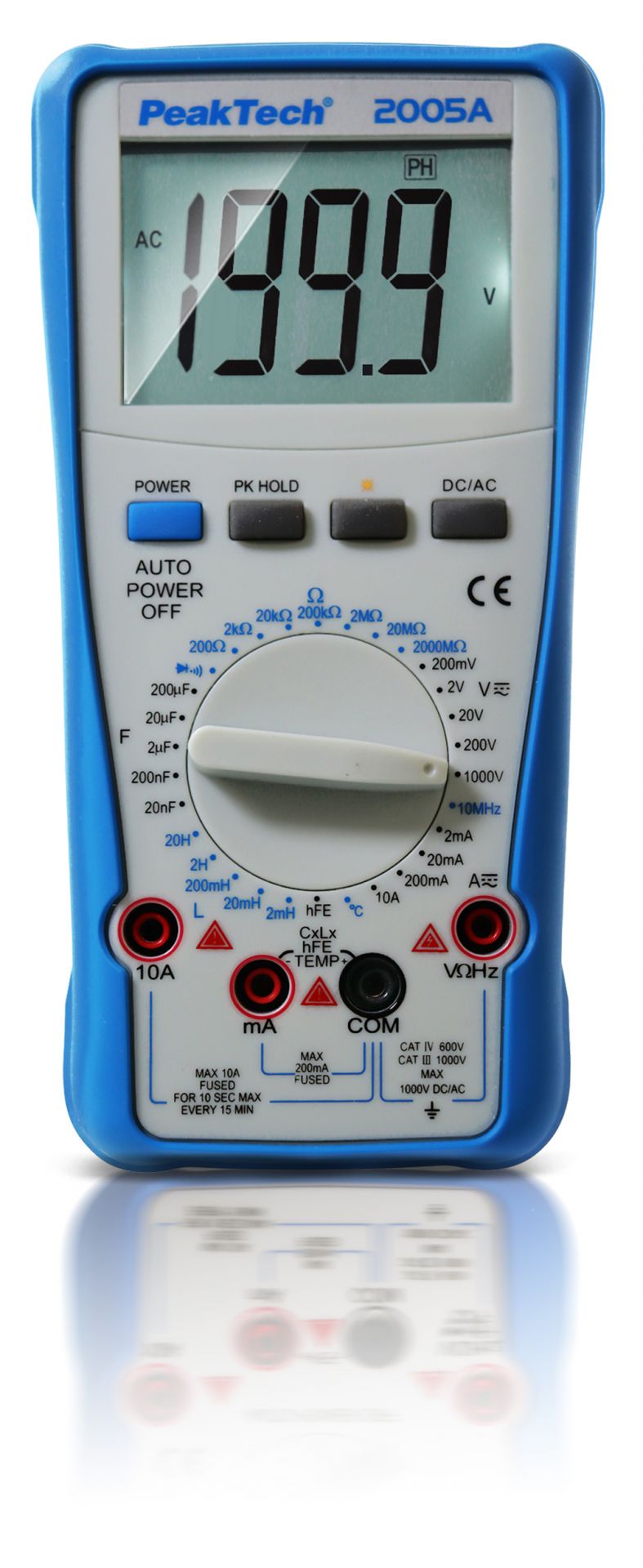 PeakTech P 2005 A Digital Multimeter measures up to 1000V and 10A AC/DC, featuring manual range selection, 2000-count backlit LCD, and CAT III 1000V safety rating.