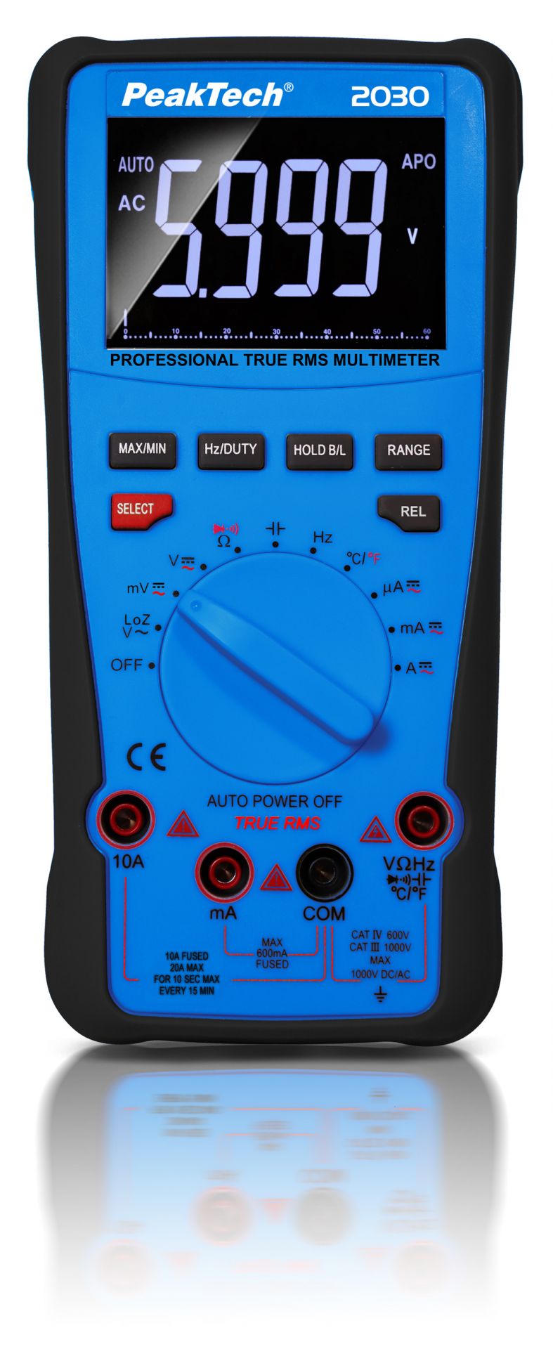 PeakTech P 2030 True RMS Digital Multimeter measures up to 1000V and 20A AC/DC, featuring a 6000-count inverted LCD, LowZ function, and CAT III 1000V safety rating.