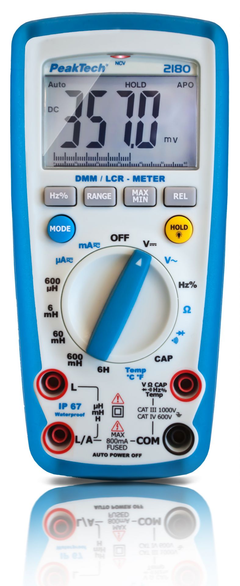 PeakTech P 2180 Digital Multimeter with LCR meter measures voltage, current, frequency, inductance, capacitance, and resistance; features a 6000-count backlit LCD and IP67 protection.