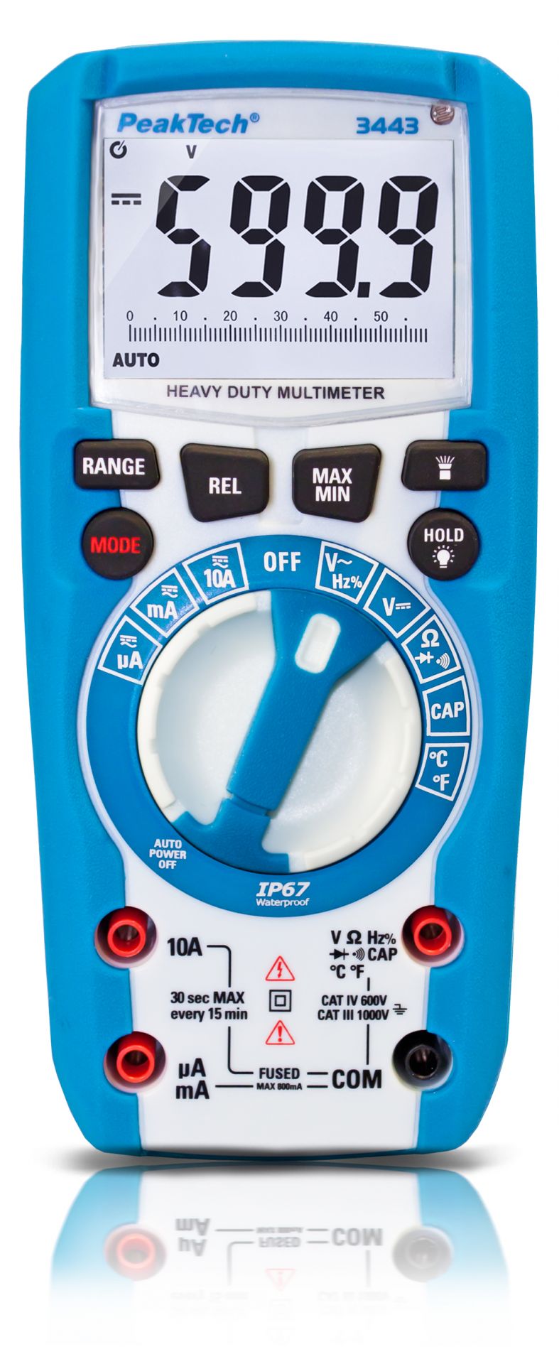 PeakTech P 3443 Digital Multimeter offers 6000-count display, measures up to 1000V AC/DC, features illuminated controls, IP67 waterproof rating, and integrated flashlight.