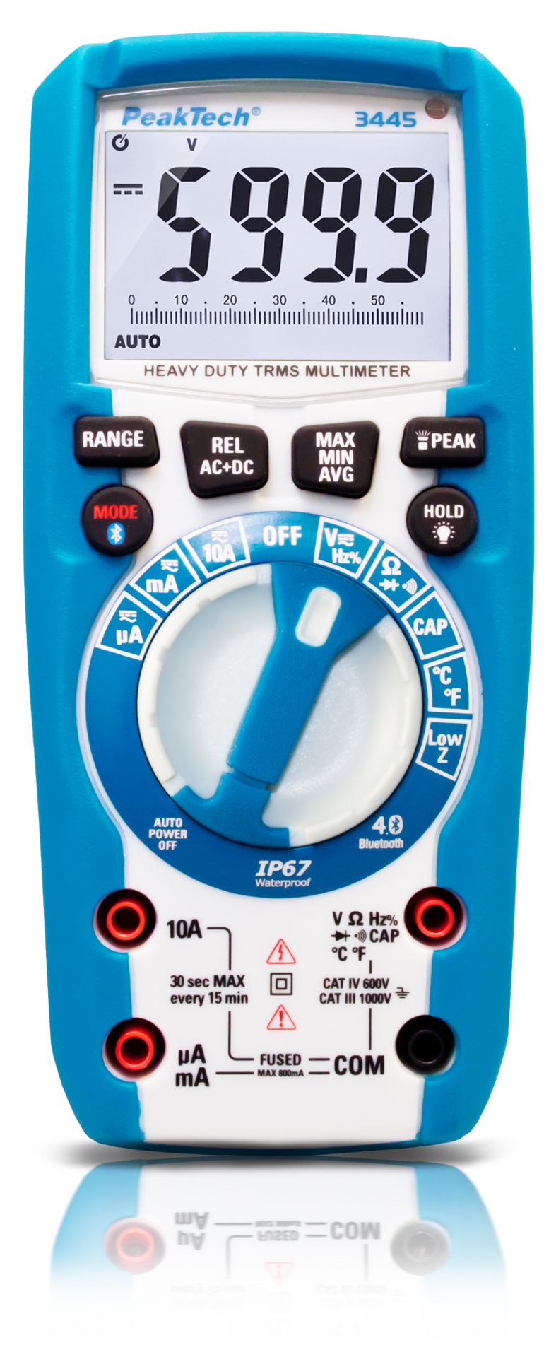 PeakTech P 3445 TrueRMS Digital Multimeter measures up to 1000V AC/DC, features 6000-count display, IP67 waterproof rating, Bluetooth connectivity, and illuminated controls.