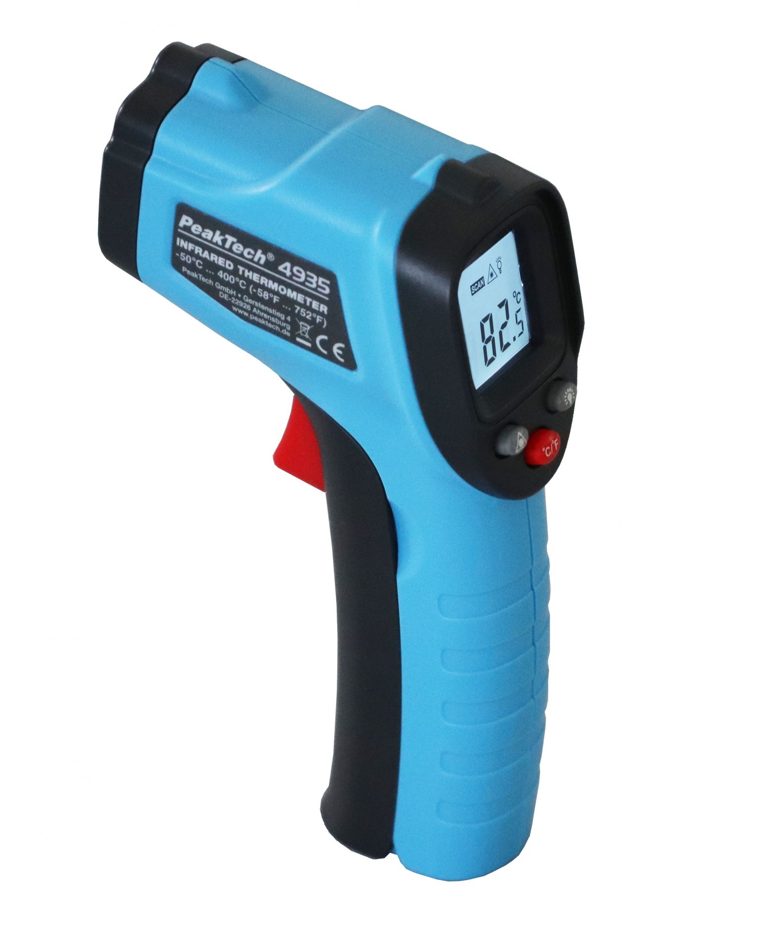 PeakTech P 4935 Mini IR Thermometer measures surface temperatures from -50°C to +400°C with a 12:1 distance-to-spot ratio and laser targeting.