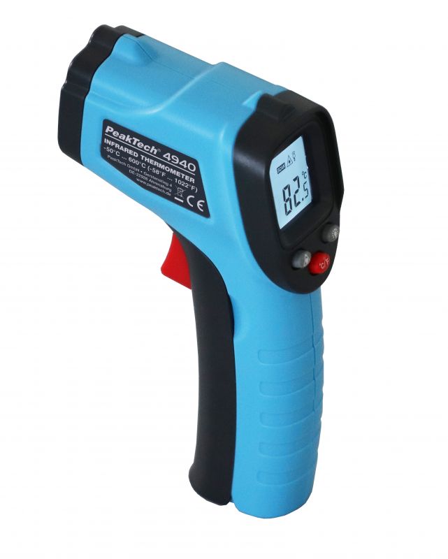 PeakTech P 4940 Mini IR Thermometer measures surface temperatures from -50°C to +600°C with a 12:1 distance-to-spot ratio and laser targeting