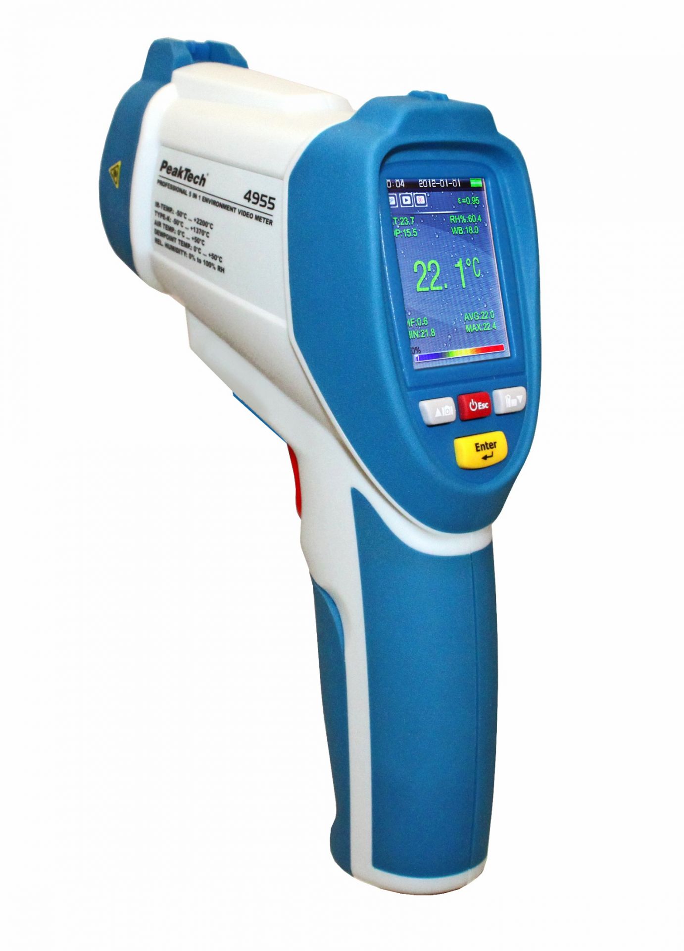 PeakTech P 4955 IR-Thermometer measures -50 to +2200°C with 50:1 optics, dual-laser targeting, 2.2" TFT display, data logging, and video recording capabilities