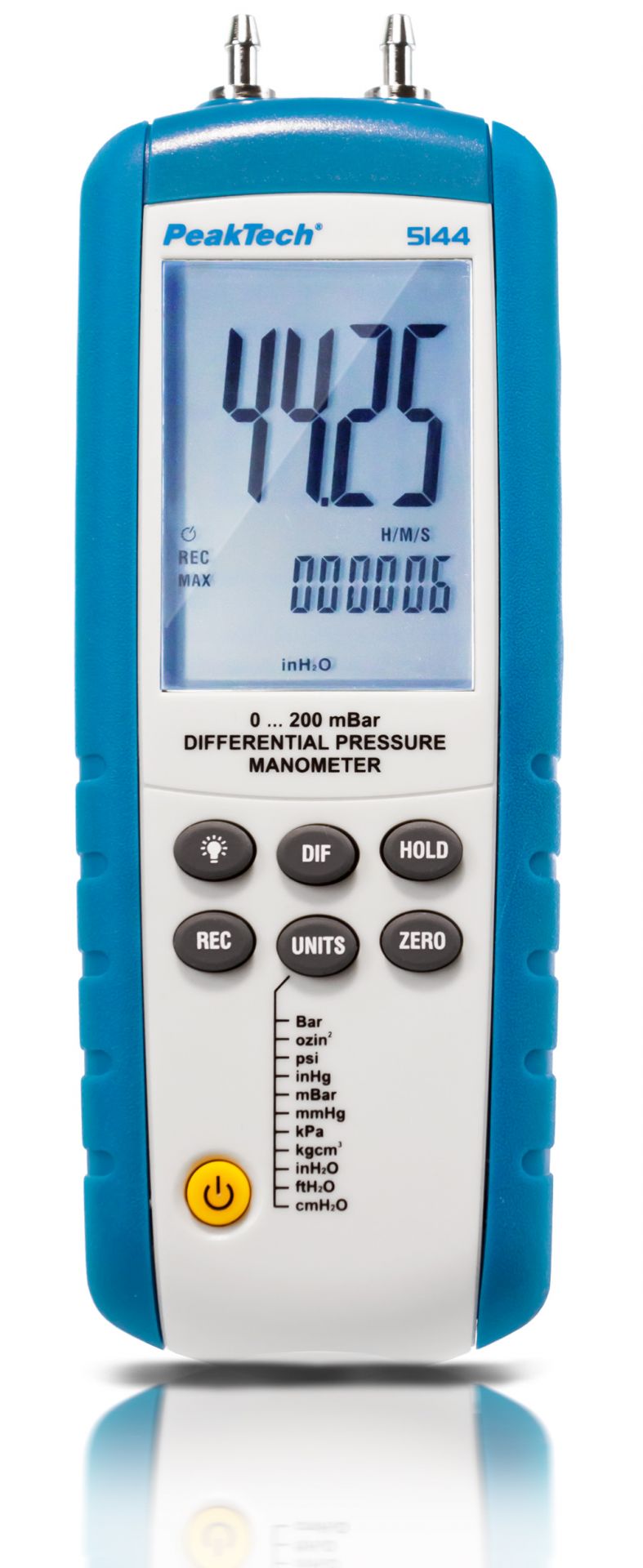 PeakTech P 5144 Differential Pressure Meter measures up to 200 mbar, featuring a backlit LCD, USB interface, and multiple pressure units for HVAC applications