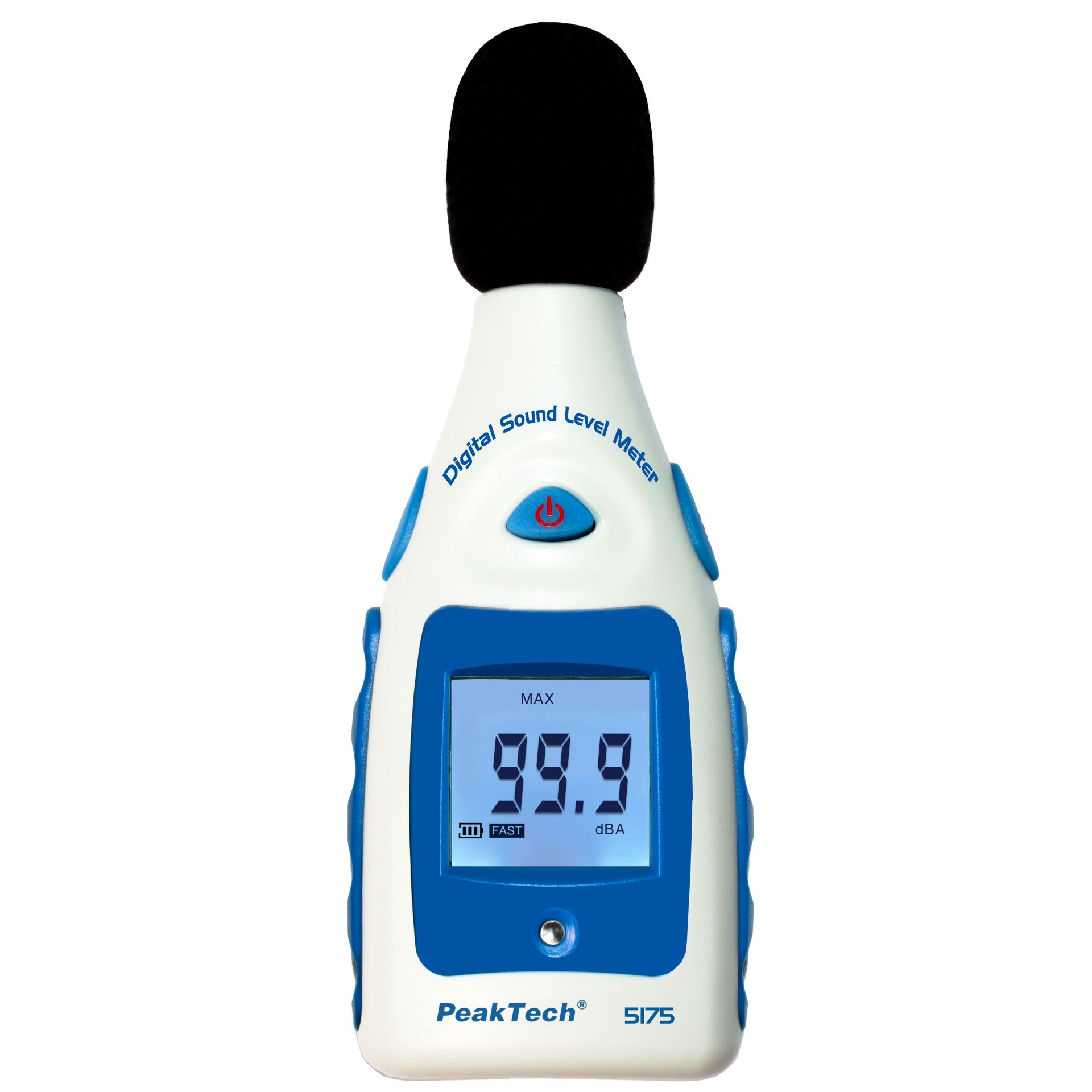 PeakTech P 5175 Sound Level Meter measures 40–130 dBA with ±1.5 dB accuracy, featuring automatic backlit LCD, MIN/MAX hold, and fast/slow response modes.