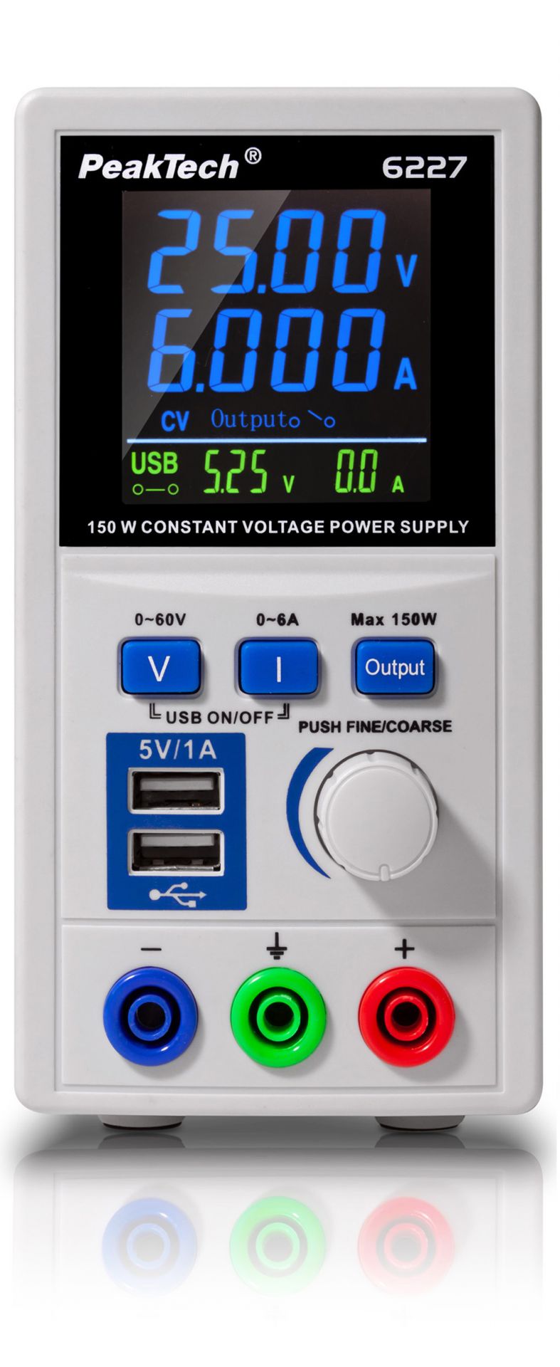 PeakTech P 6227 is a DC power supply offering adjustable 0–60V and 0–6A outputs with 150W power, featuring dual USB ports and LCD displays.