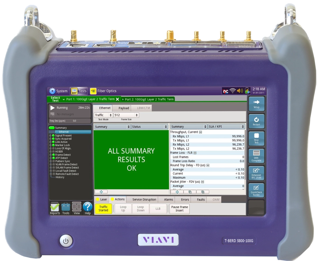 VIAVI T-BERD/MTS-5800-100G is a handheld network tester supporting legacy and emerging technologies, ideal for metro/core, data center interconnect, and business services applications.